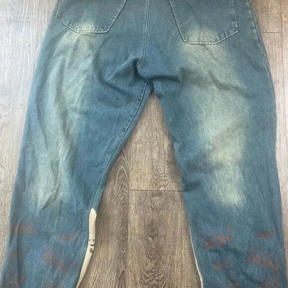 Vintage Don Men's Printed Logo Distress Hem Bootcut Denim Baggy Jeans Size 42 - Picture 2 of 9
